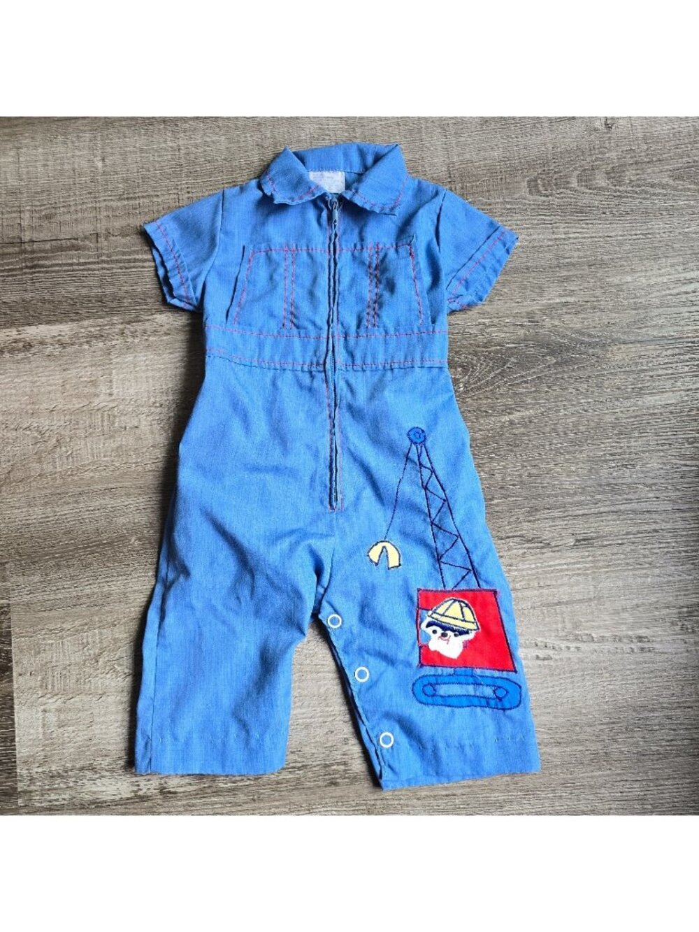Vintage 80 Baby Jumpsuit Outfit One piece Blue Construction Crane Applique 0-6mo
